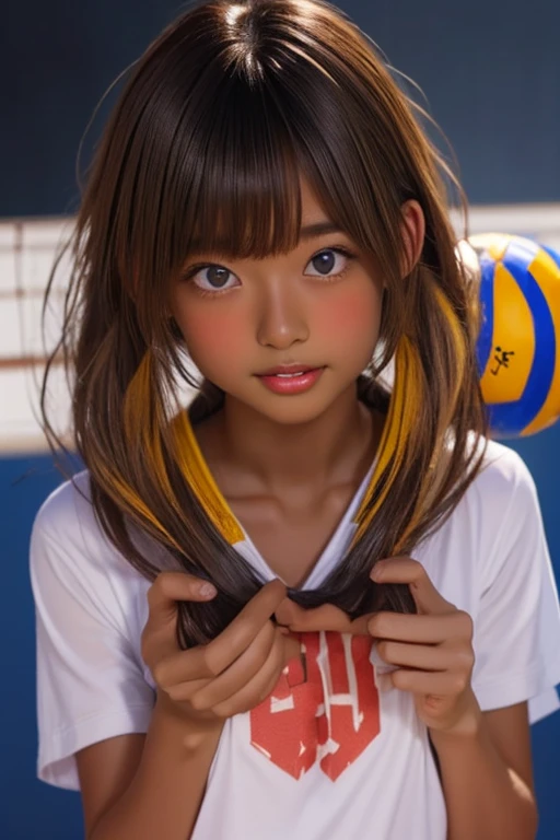 (((( one girl )))), Put your hand over your mouth、Beautiful breasts、 Brown eyes, ((Gal Hairstyles)) blonde, girl, (Eye and facial details:1.0), break, (masterpiece, Highest quality, Very detailed, Detailed face, 8k),( dark skin:2.05 ), (((( volleyball uniform )))),( open mouth ),(((( thick lips ))))