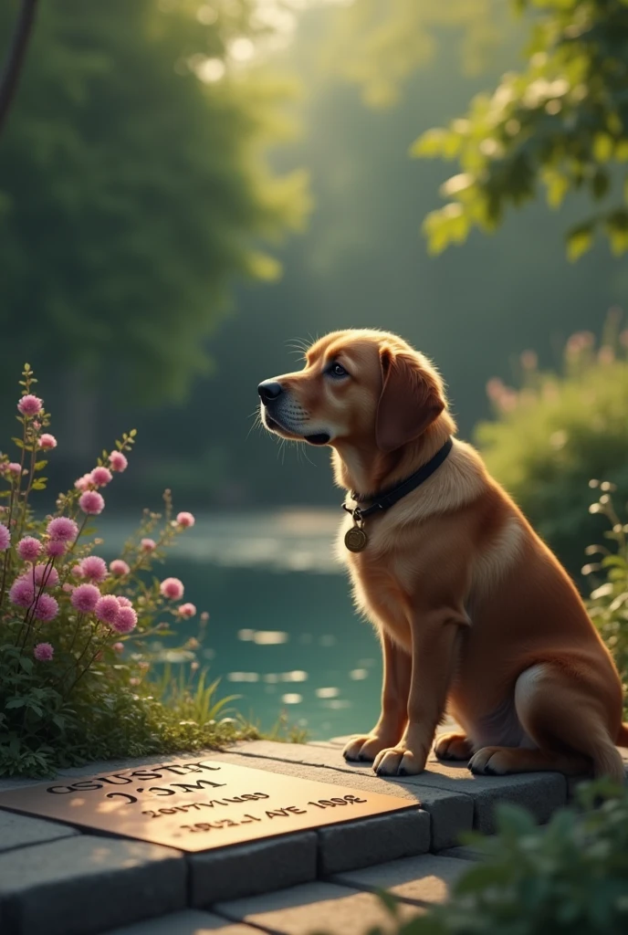 generates an image of a dog and its bone and its reflection in the water