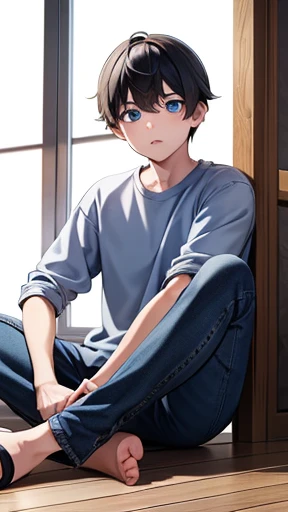 from the front、High resolution、High image quality、whole body、Alone、A normal boy with blue eyes、Grey shirt and jeans、Sitting on the floor