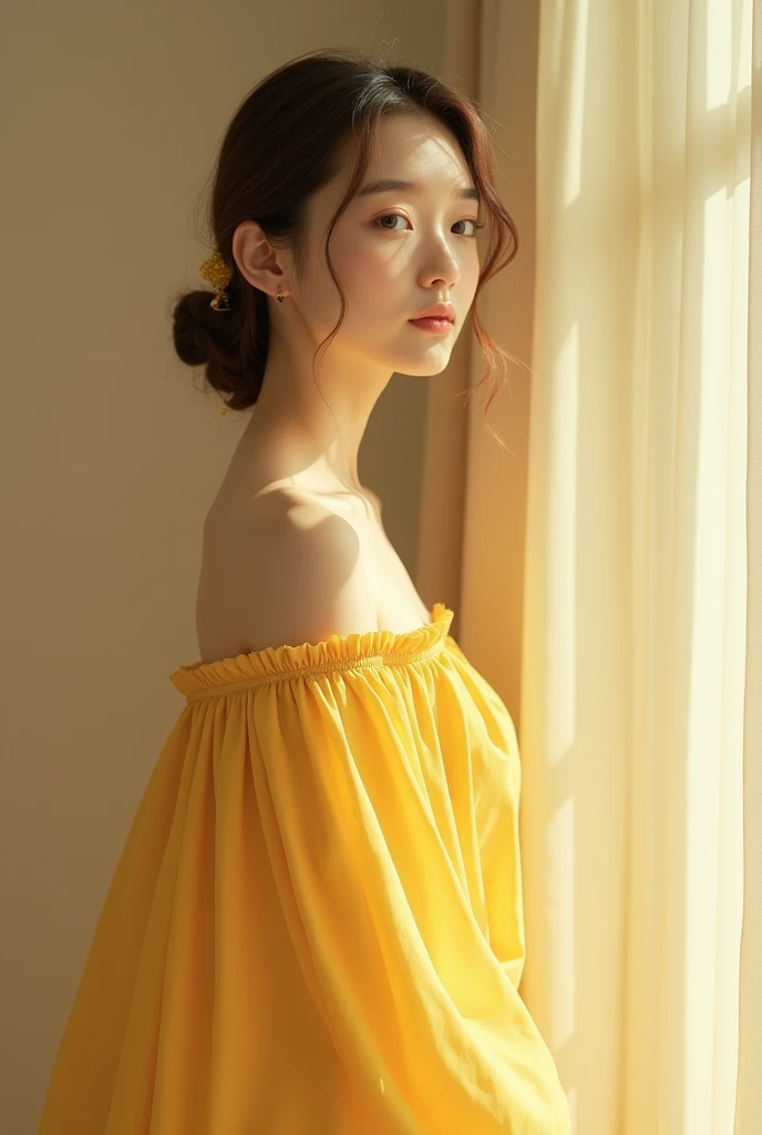 Sweet Girls Clothes 9,Yellow Dress,, (whole body), ((Sitting)), (Surrealism), (figure), (Increased resolution), (8K), (Very detailed), (Best figure), (Beautiful and delicate eyes), (Highest quality), (Super detailed), (masterpiece ), ( wallpaper), (Delicate face),Blonde, curl,(High top fade in and out:1.3), (Laugh brightly, Bright appearance), Dark Theme, Calm tone, Soft colors, High Contrast, (Natural skin texture, Surrealism主义, Soft Light, impatient),Exposure Blending, Medium Shot, Bokeh, High Contrast, (movie, Cyan and orange:0.85), (Soft colors, fade, Calm tone:1.3), High saturation, (Super detailed:1.2),(Large Breasts :1.2)