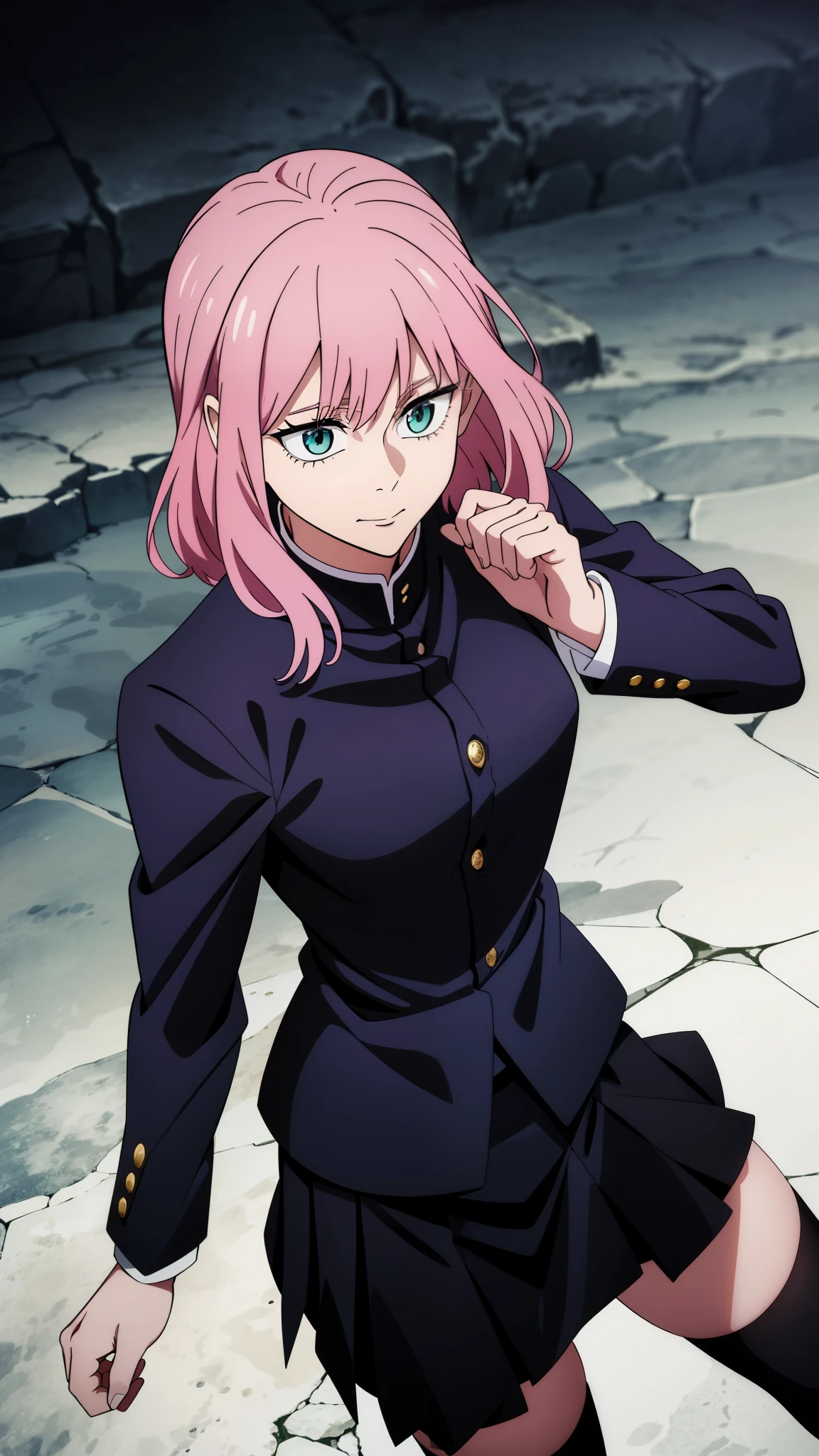 (high-quality, breathtaking),(expressive eyes, perfect face) 1girl, female, solo, teenager, pink hair, Emerald green eye color, medium hair length, looking at viewer, half body, bright smile, kind face, cheerful expression, small black horns, dark black blue long sleeved shirt, collared shirt, ((dark black blue Skirt)), White thigh high socks, absolute territory, (((jujutsu kaisen uniform))), jujutsu high school uniform, flowy hair, feminine face, medium wavy hair, grey background, portrait, stylized hairstyle, Anya forger inspired, (vibrant light pink hair), powers eyes design