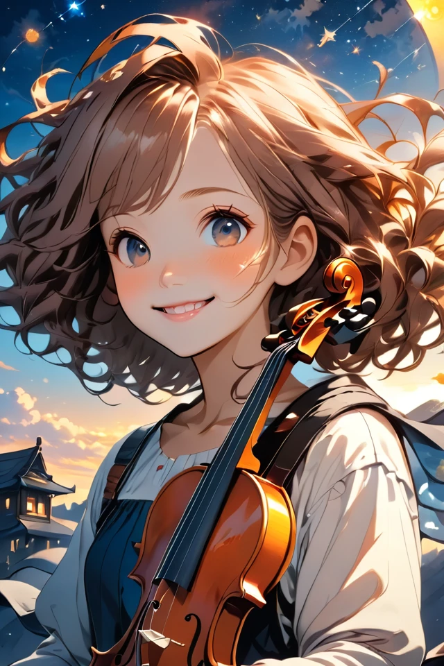 Against the background of the sunset sky, a girl with hair fluttering in the wind is smiling with a violin, the sky where the stars begin to shine, anime-style illustrations, high resolution, line drawings drawn in detail, warm colors, fantastic atmosphere 