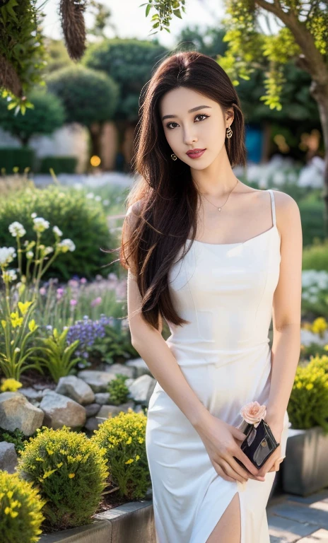 (a beautiful woman with elegant features, detailed eyes, lush lips, delicate eyelashes, flowing white dress, windswept hair, gentle expression, standing in a garden with blooming flowers, cinematic lighting and composition, photorealistic, 8k, ultra-detailed, masterpiece, best quality, SAFE FOR WORK)