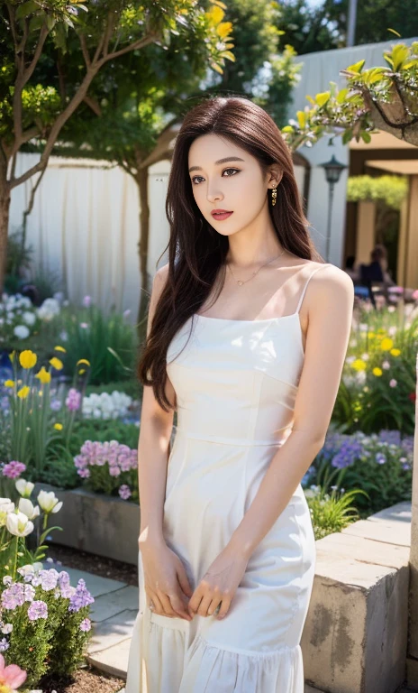 (a beautiful woman with elegant features, detailed eyes, lush lips, delicate eyelashes, flowing white dress, windswept hair, gentle expression, standing in a garden with blooming flowers, cinematic lighting and composition, photorealistic, 8k, ultra-detailed, masterpiece, best quality, SAFE FOR WORK)