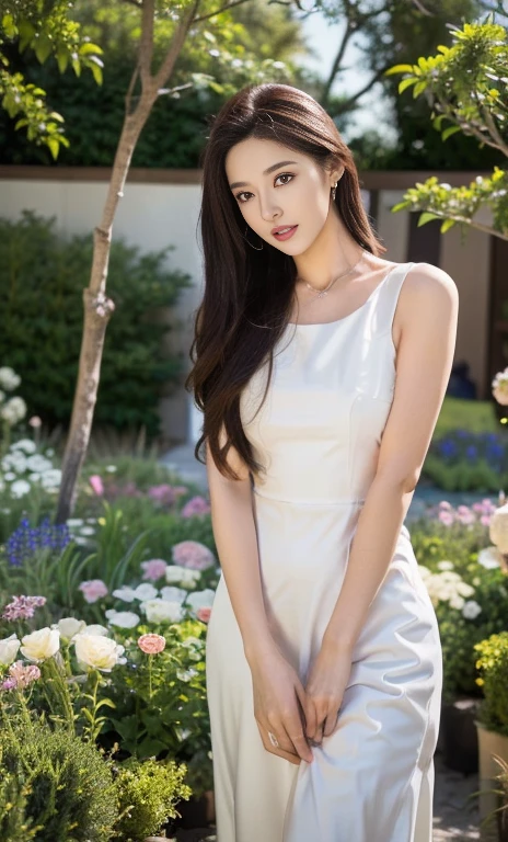 (a beautiful woman with elegant features, detailed eyes, lush lips, delicate eyelashes, flowing white dress, windswept hair, gentle expression, standing in a garden with blooming flowers, cinematic lighting and composition, photorealistic, 8k, ultra-detailed, masterpiece, best quality, SAFE FOR WORK)