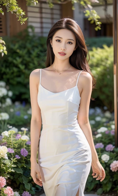 (a beautiful woman with elegant features, detailed eyes, lush lips, delicate eyelashes, flowing white dress, windswept hair, gentle expression, standing in a garden with blooming flowers, cinematic lighting and composition, photorealistic, 8k, ultra-detailed, masterpiece, best quality, SAFE FOR WORK)