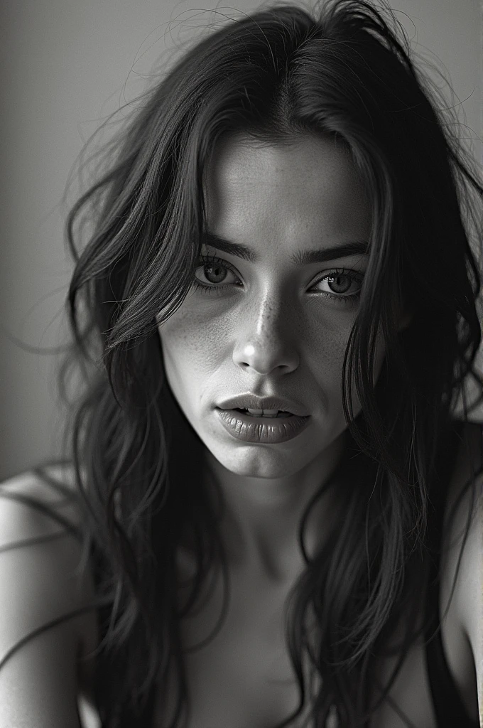 Unposed RAW Photo, An intimate black and white photograph capturing the natural beauty and vulnerability of a young woman with long hair, revealing a deep connection with the human form and an exploration of the intersection between innocence and sensuality., displaying a nuanced interplay of light and shadow, creating a timeless and evocative quality that invites viewers to reflect on the complexities of identity, self-acceptance, and the changing nature of human relationships, in the style of Jock Sturgess, (captured on a Deardorff 8x10), Monochrome,