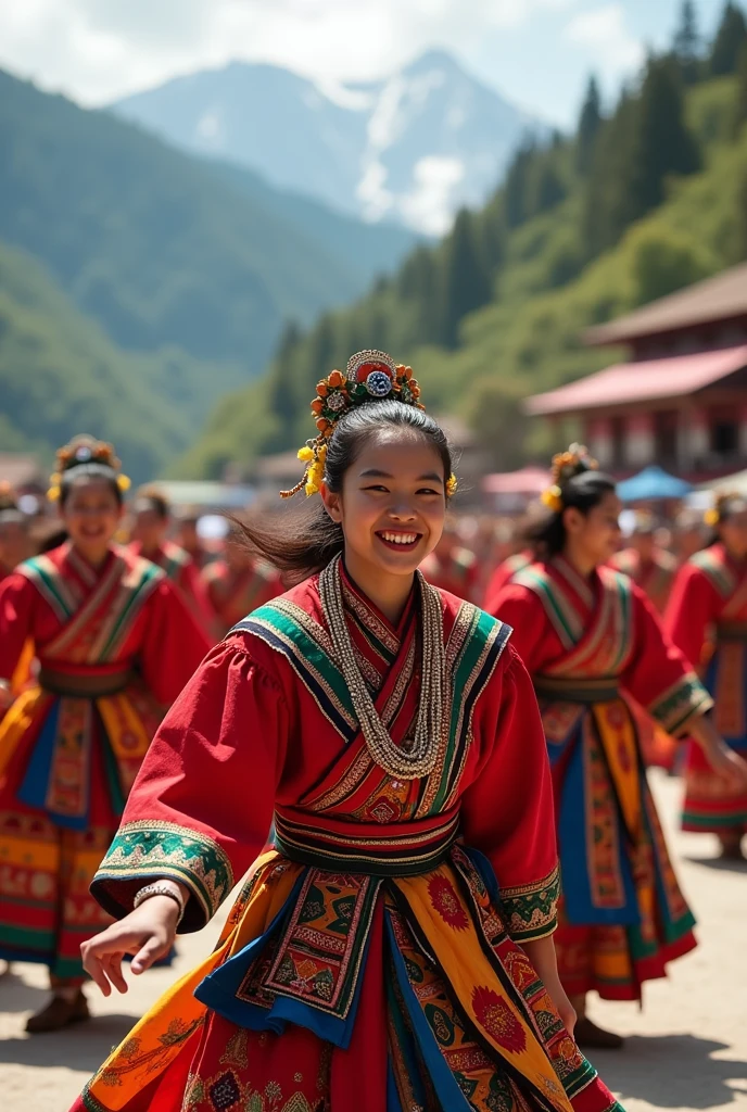 one-girl,long braid,Tibetan girl,closeup cleavage,Look up slightly,ssmile,Left and right body shots,The upper part of the body,Frontal photo,Tibetan clothing,Colorful costumes, Clothes with fluff, White flull,High-end Tibetan clothing,Cumbersome Tibetan costume design,Cold clothing,Winter clothing,Rounded face shape,Gorgeous Tibetan costumes,Cumbersome Tibetan necklace,Cumbersome Tibetan headdress,Colored head strap,Live-action CG,Sweet style,Film wind,HD 4K,Photography effects,Studio effect,White glow,Mythical wind,Snowfield background,Character core,Picture ratio 16:9,The mask is fresh。
