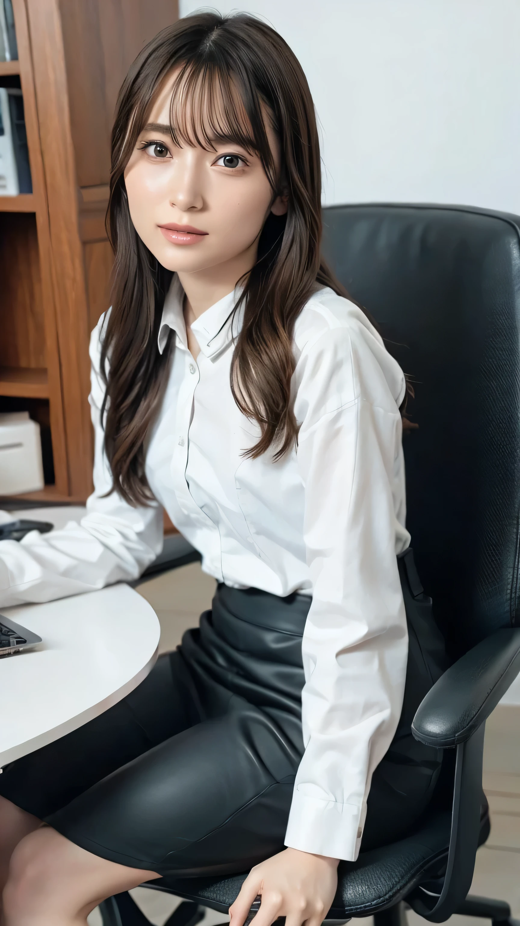 A girl sitting in an office chair，computer,(European model:1.3),Age 31,Delicate,Business Women&#39;s Clothing,(jacket:1.1),(shirt:1.1),(Wrap skirt:1.1),jewelry,socks,stockings,Black Lens Stockings，It gives me goosebumps,Goose - meat，（Faithfulness：1.3），Filigree，quality，（masterpiece：1.2），（Faithfulness：1.2），（Highest quality），（Skin Details：1.3），（Intricate details），dramatic，Ray Tracing，photograph，In the Shadows，Visual novel，Skyscraper boss&#39;s office，Windows with city views，Film Grain，Depth of written boundary
