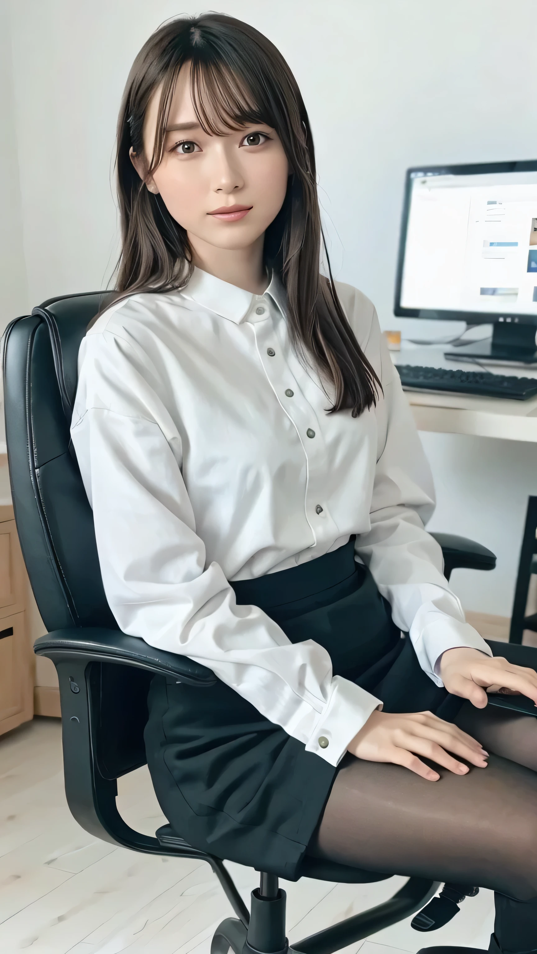 A girl sitting in an office chair，computer,(European model:1.3),Age 31,Delicate,Business Women&#39;s Clothing,(jacket:1.1),(shirt:1.1),(Wrap skirt:1.1),jewelry,socks,stockings,Black Lens Stockings，It gives me goosebumps,Goose - meat，（Faithfulness：1.3），Filigree，quality，（masterpiece：1.2），（Faithfulness：1.2），（Highest quality），（Skin Details：1.3），（Intricate details），dramatic，Ray Tracing，photograph，In the Shadows，Visual novel，Skyscraper boss&#39;s office，Windows with city views，Film Grain，Depth of written boundary
