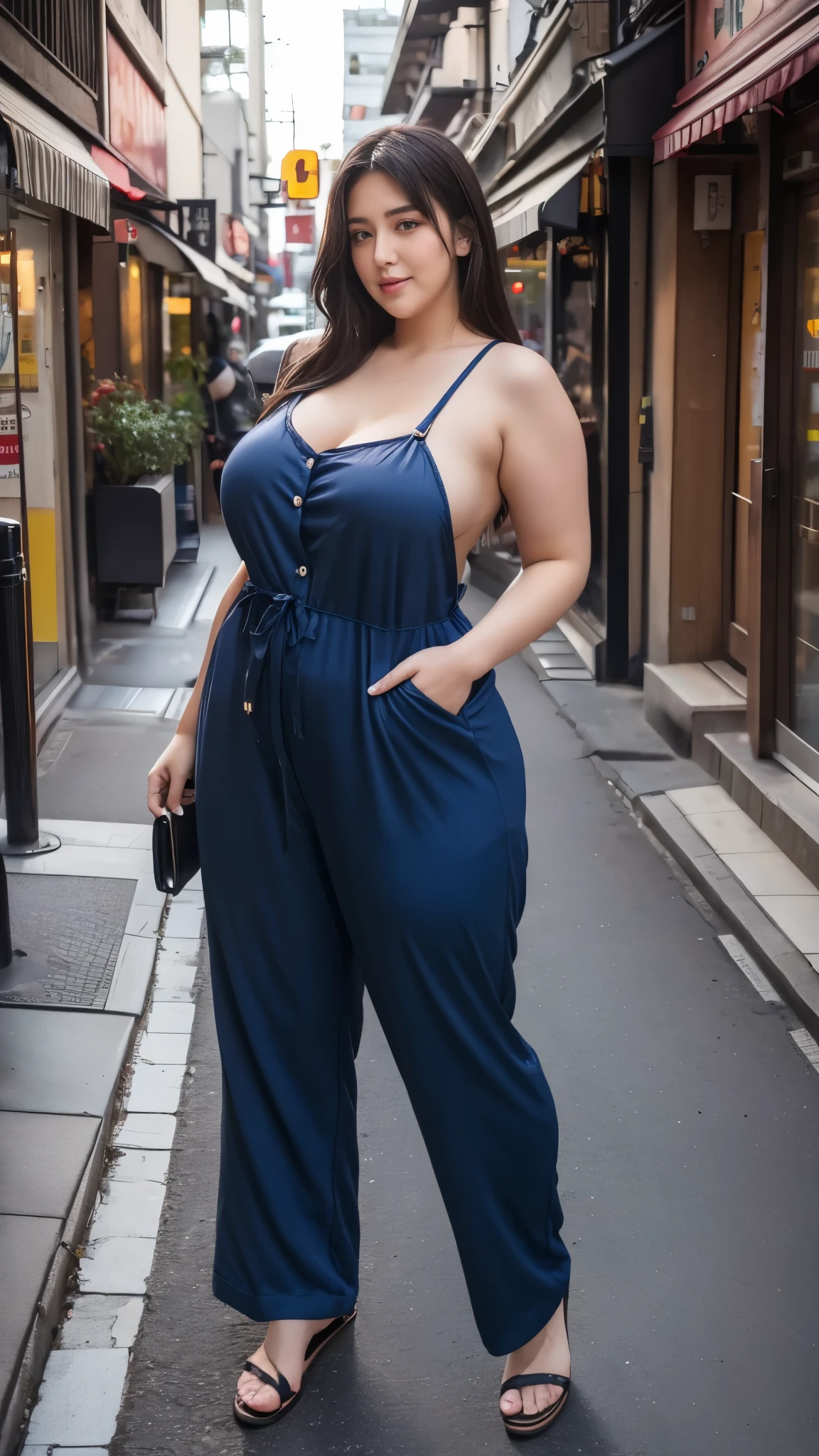 Chinese Woman in street, curvy body , wearing jumpsuit pajamas, beautiful woman, very detail ,pawg, long legs ,thick high, full body in camera, pawg, wearing strap wedges