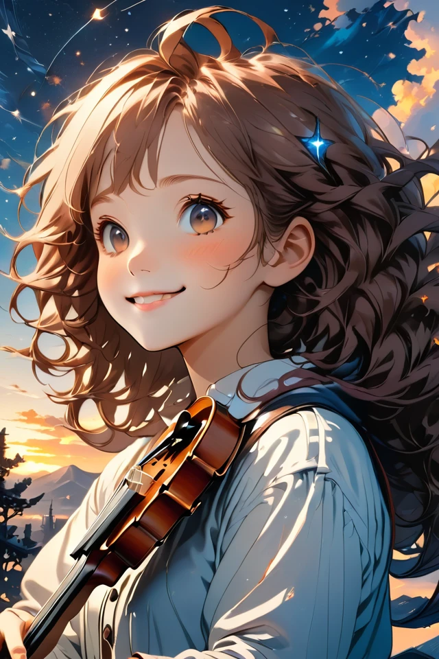 Against the background of the sunset sky, a girl with hair fluttering in the wind is smiling with a violin, the sky where the stars begin to shine, anime-style illustrations, high resolution, line drawings drawn in detail, warm colors, fantastic atmosphere 