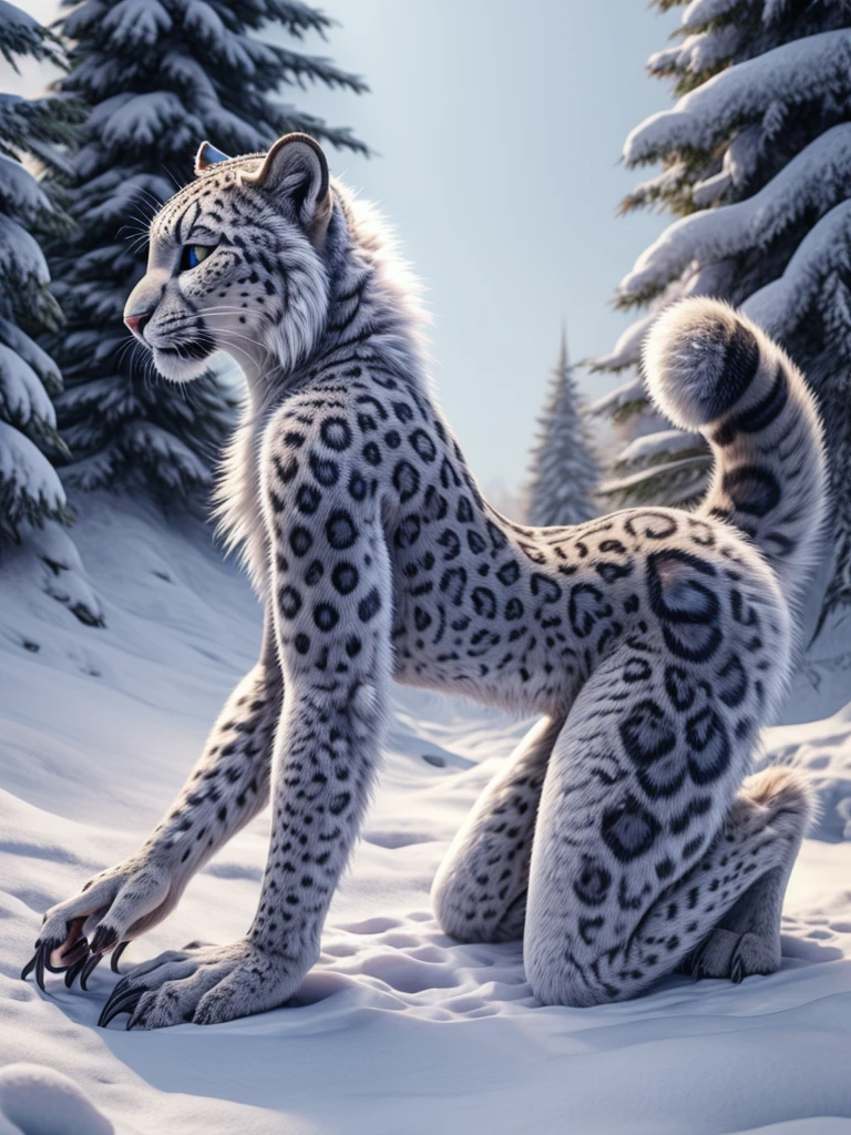 anthro furry snow leopard female, nude, piercing blue eyes, big breasts, paws, curled tail, back view, high quality photography, 3 point lighting, flash with softbox, 4k, Canon EOS R3, hdr, smooth, sharp focus, high resolution, award winning photo, 80mm, f2.8, bokeh