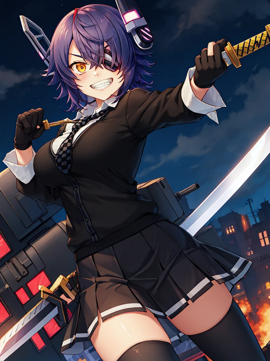 Portrait, official art, best masterpiece, best quality, best resolution, 8K, best detailed, perfect anatomy
BREAK
Holding a sword, carry a sword on one's shoulder, middle finger, fuck you
BREAK
Looking down, (From below)
BREAK
(tenryuu_kantaicollection:1.15), eyepatch, short hair, purple hair, yellow eyes, headgear, necktie, fingerless gloves, gloves, school uniform, checkered necktie, partially fingerless gloves, skirt, black thighhighs, military boots, (large breasts:1.2), 1girl, solo
BREAK
(grin), smile
BREAK
Downtown, back alleys, cracked walls, (night, midnight, darkness:1.3), very fine and detailed 16KCG wallpapers