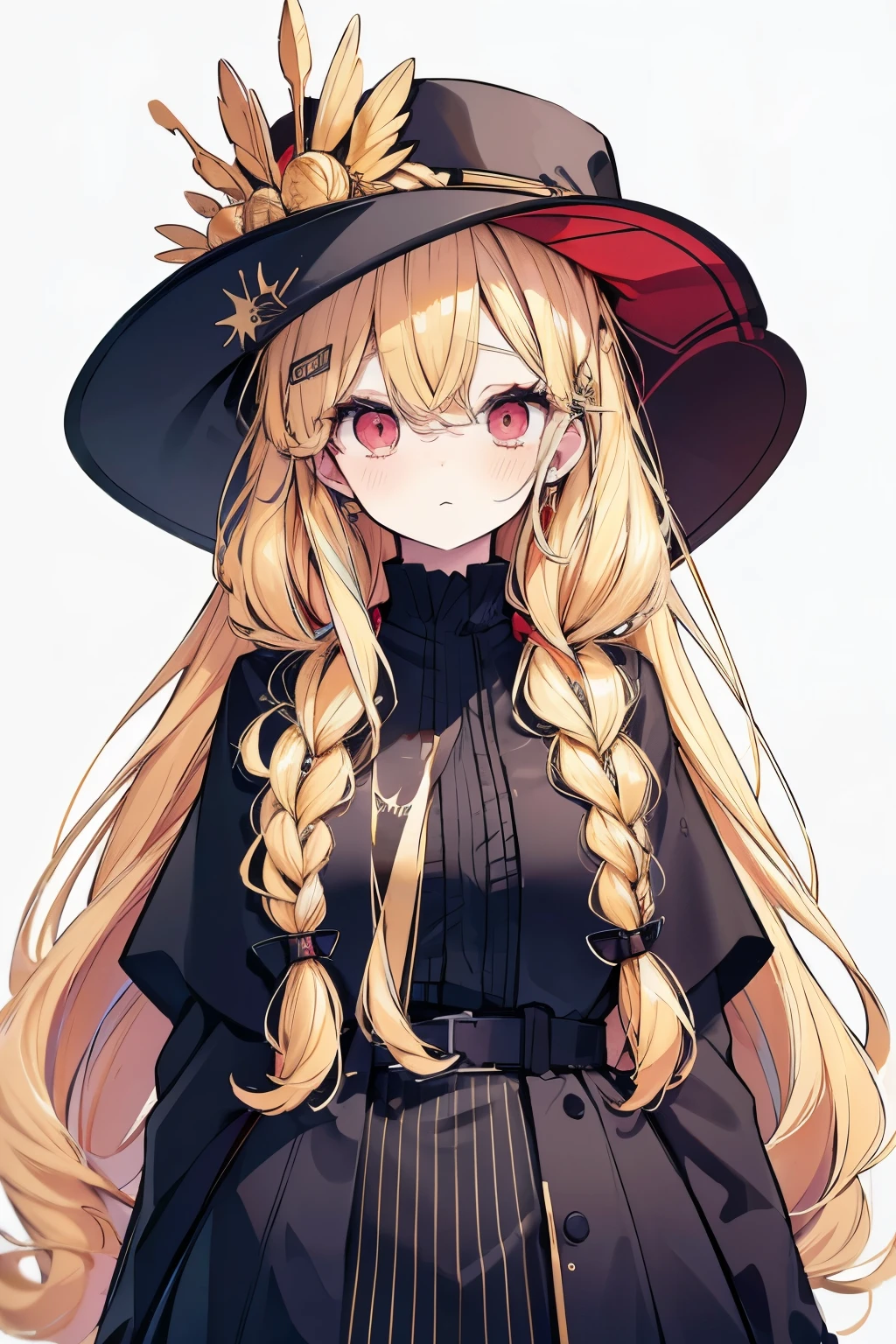 High resolution, Best Quality, masterpiece, Ultra-precision,Character Portrait,One girl, solo,adult,Look at, Beautiful Face,((Golden Hair)),Inner color hair,Two big braids,((Red eyes)),Fine slanted eyes,Long eyelashes,A little blush, Black clothing,Slender figure,((Simple Background)),Concept Art, Large Breasts,Two braids hanging down on either side, 