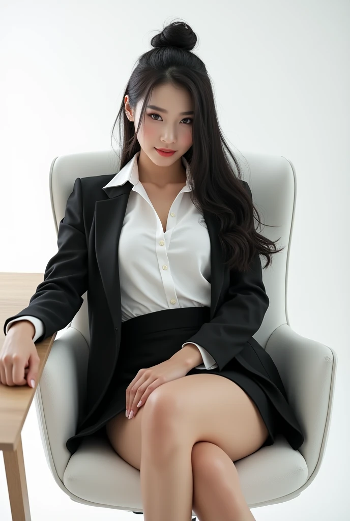 a 18 year old face of the most beautiful actress in the world, the perfect body proportions of a female, blazer is firmly worn on formal shirt which is covering whole upper body of a female, whole female vagina between bare legs is clearly seen, sitting on a chair with spread legs, detailed genitalia of female lower body, female pubic hair, bare feet of a female, only lower body of a female is naked, in the office, nsfw, best quality, highly detailed, masterpiece, ultra high res, photo realistic, 8k