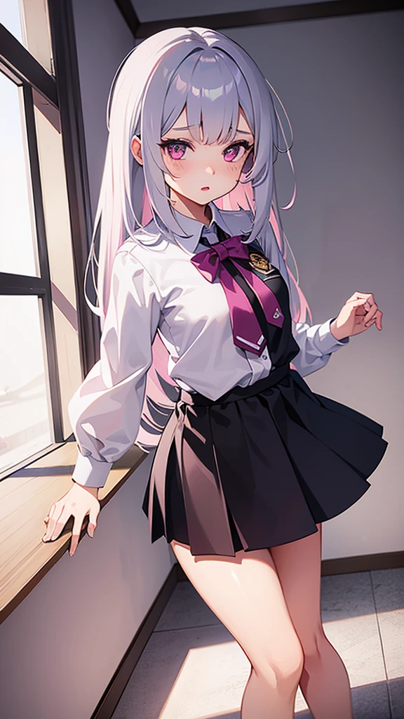 ((1 girl:1.5))、(smile:1.5)、、（cowboy shot）、(fun!!)、(white cardigan:1.5)、(dog ears)、(silver hair)、(blush:1.5)、(long hair)、(eye highlights:1.3)、blake black shoes,(黒いskirt:1.5)、bow, button, shirt with collar, long sleeve,  ((red bow tie, ,, white shirt, チェック柄のskirt:1.5、white socks)),, shirt,, skirt, socks, thighs, white shirt, Rest indoors, ((classroom:1.5))、 BREAK while watching the audience、 (perfect hands, perfect anatomy),cowboy shot、(skirtlift:1.3),(highly detailed white panties:1.3)、(highly detailed panties:1.3)、、(skirt that rolls up:1.3)、(fully exposed panties:1.5)、light blue eyes