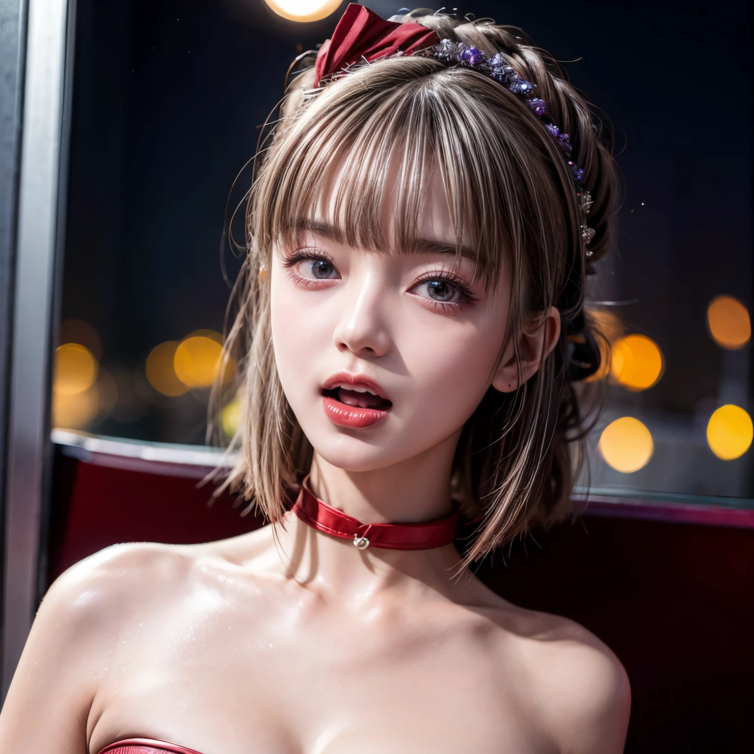 (masterpiece:1.2) of professional Analog Hi-Res photo, (realistic and photorealistic with touch of rawness:1.37), a close-up portrait of (KAWAII princess wearing  thongs), Infinity pool on the roof of Skyscraper, The sky at dusk turns from orange, intricate lighting effects with light particles, (((many colorful lights dazzling bokeh))), Traffic lights, enjoying summer festival, { Childish | Gigantic Cleavage } . BREAK (((NOGIZAKA)))  Extremely Detailed very KAWAII face variation, captivating gaze, elaborate detailed Eyes with (sparkling highlights:1.2), long eyelashes、Glossy RED Lips with beautiful details, Coquettish tongue, Rosy cheeks . (Dynamic joyful expressions), { pleasure in agony | Ecstasy | :D | screaming | Perplexed }, Mystic sight . hair and eye color is same color, { Full of flowers | Red leather high collar | Red ribbon | Tiny Coronet | Pearl piece | half updo | short bob }, from diagonally angle .