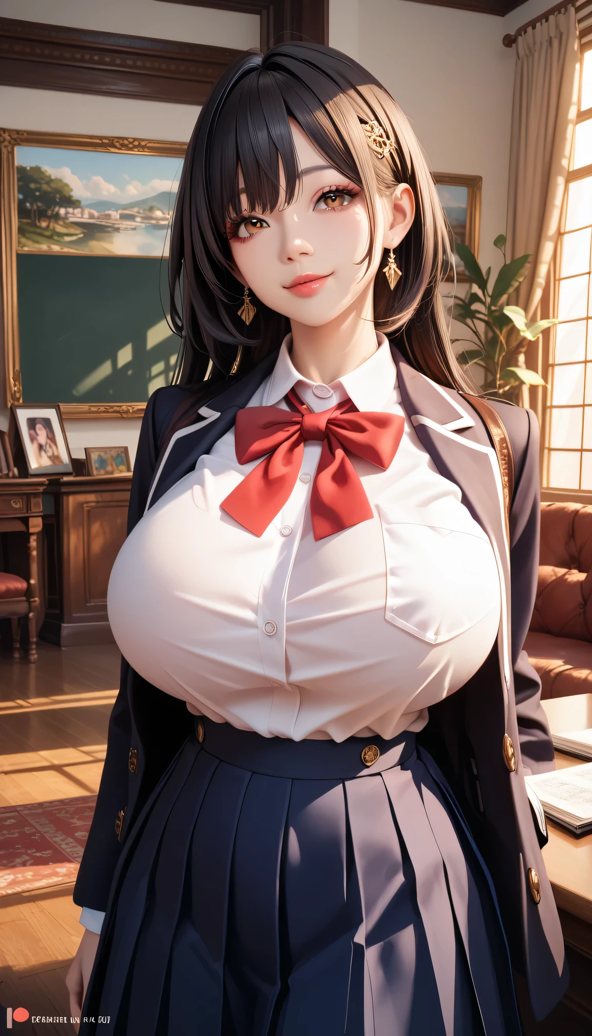 (超High resolution,4K,Very detailed, photograph, 8k, High resolution, High resolution, Absurd:1.2), Japanese women,10th Generation, expensive, Long black hair, Beautiful character design, Beautifully detailed eye depiction, Perfect Face, Expressive eyes, Brown eyes, School uniform, (Huge breasts:1.2), In the living room