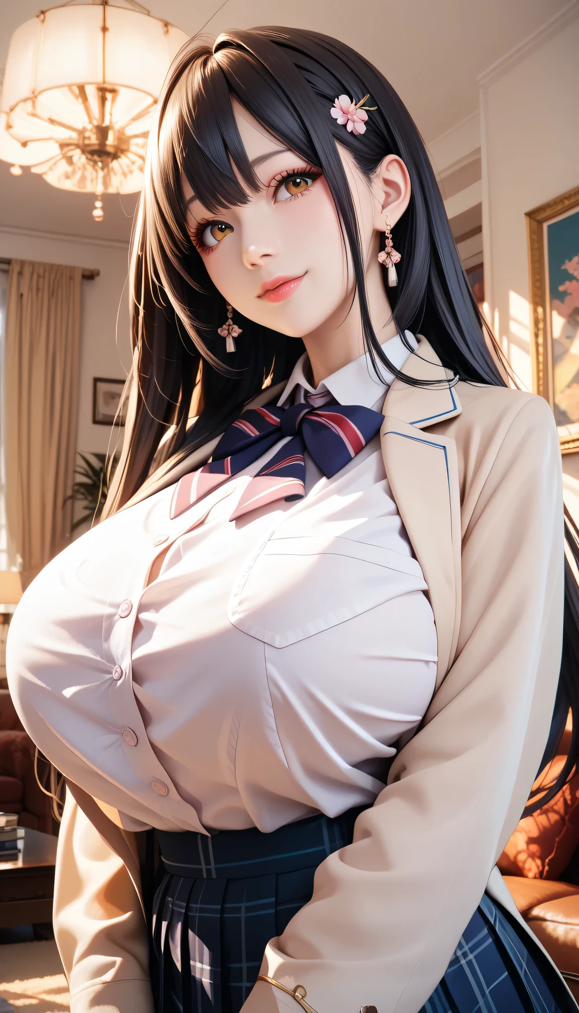 (超High resolution,4K,Very detailed, photograph, 8k, High resolution, High resolution, Absurd:1.2), Japanese women,10th Generation, expensive, Long black hair, Beautiful character design, Beautifully detailed eye depiction, Perfect Face, Expressive eyes, Brown eyes, School uniform, (Huge breasts:1.2), In the living room