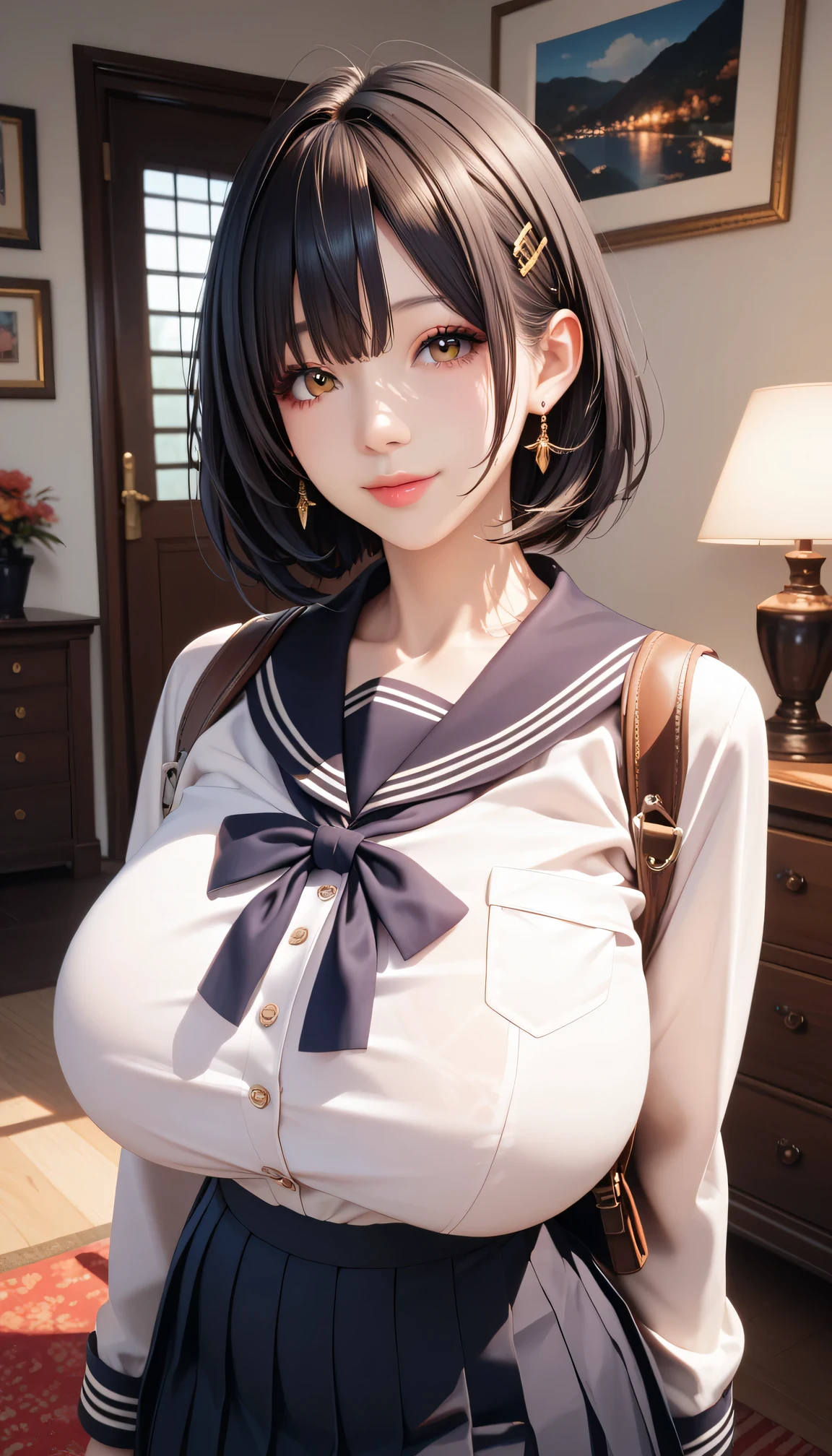 (超High resolution,4K,Very detailed, photograph, 8k, High resolution, High resolution, Absurd:1.2), Japanese women,10th Generation, expensive, Long black hair, Beautiful character design, Beautifully detailed eye depiction, Perfect Face, Expressive eyes, Brown eyes, Sailor suit, Dark navy pleated skirt, (Huge breasts:1.2), In the living room