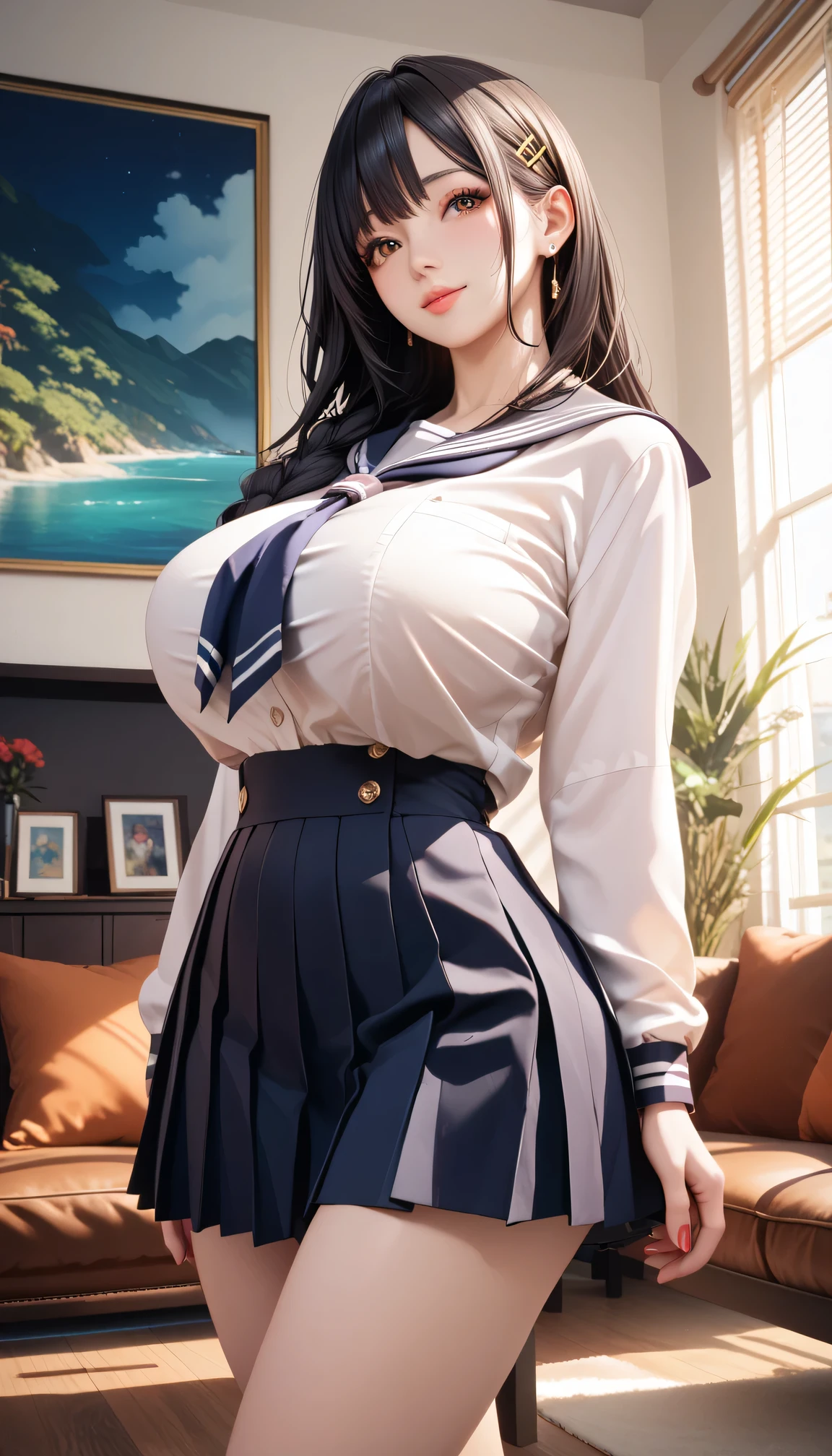 (超High resolution,4K,Very detailed, photograph, 8k, High resolution, High resolution, Absurd:1.2), Japanese women,10th Generation, expensive, Long black hair, Beautiful character design, Beautifully detailed eye depiction, Perfect Face, Expressive eyes, Brown eyes, Sailor suit, Dark navy pleated skirt, (Huge breasts:1.2), In the living room