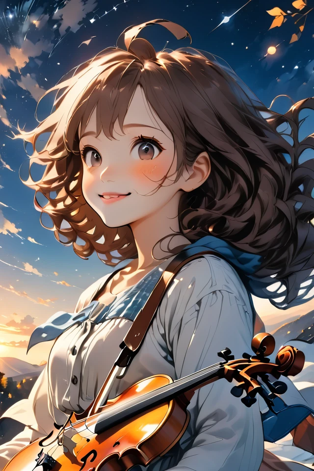 Against the background of the sunset sky, a girl with hair fluttering in the wind is smiling with a violin, the sky where the stars begin to shine, anime-style illustrations, high resolution, line drawings drawn in detail, warm colors, fantastic atmosphere 