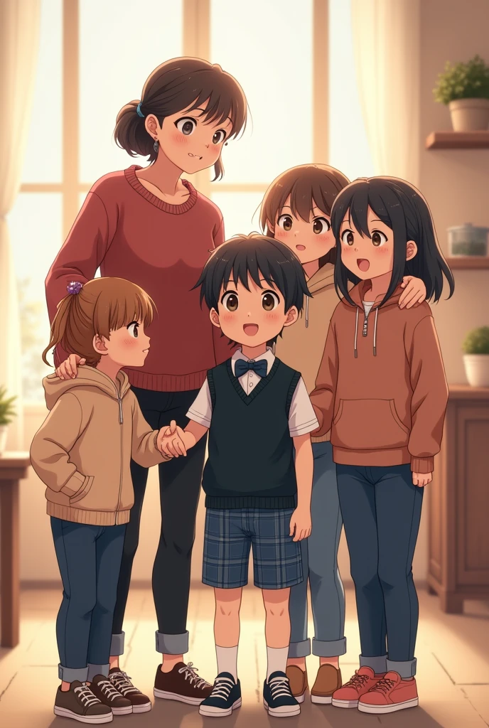 Girl, Brown Bob Hair, Green Eyes, Tank Top, Blue Jeans, White Sneakers, Pleading look, Two Kids with Black Hair and green eyes her holding legs, anime
