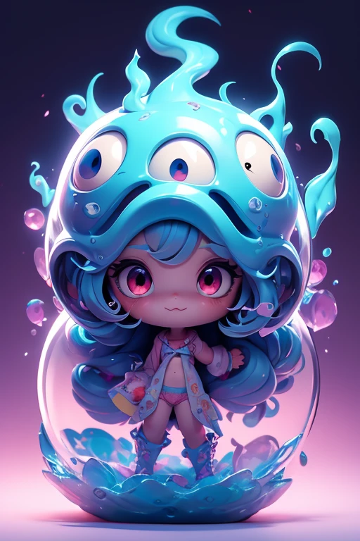 Clione and jellyfish merge with a girl. slime body. The whole body is translucent like jelly. Body lines like wearing a dress. overly long sleeves. tentacles protruding from the sleeves. Female mouth. Her face is covered with a heart-shaped slime mask.、Completely hides the eyes, There are glowing crystals instead. Her chest glows.