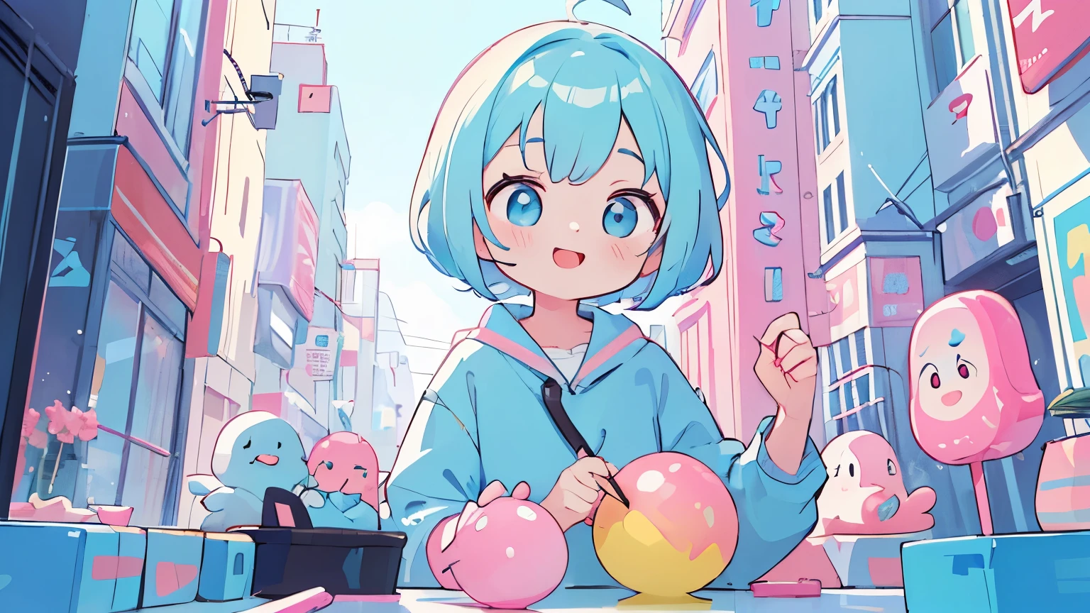 Vibrant Art,pop、bright、colorful, 1 female, Light blue hair, Short Hair、happy,cute, Animation Style, cute, clearly, colorful cyberpunk, bubblegum pop, cute、Pink and light blue as main colors、I'Cheer loudly、 Wearing headphones、Headphones、