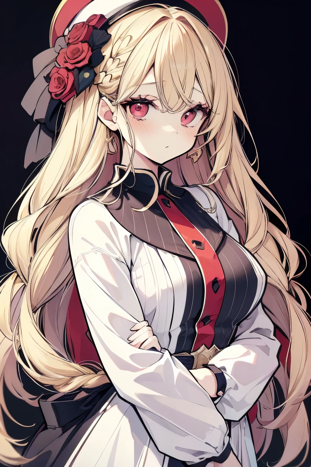 High resolution, Best Quality, masterpiece, Ultra-precision,Character Portrait,One girl, solo,adult,Look at, Beautiful Face,((Golden Hair)),Two braids hanging down on either side,Voluminous braids, ((Red eyes)),Fine slanted eyes,Long eyelashes,A little blush, Black and white clothes,Slender figure,((Simple Background)),Concept Art, Large Breasts,