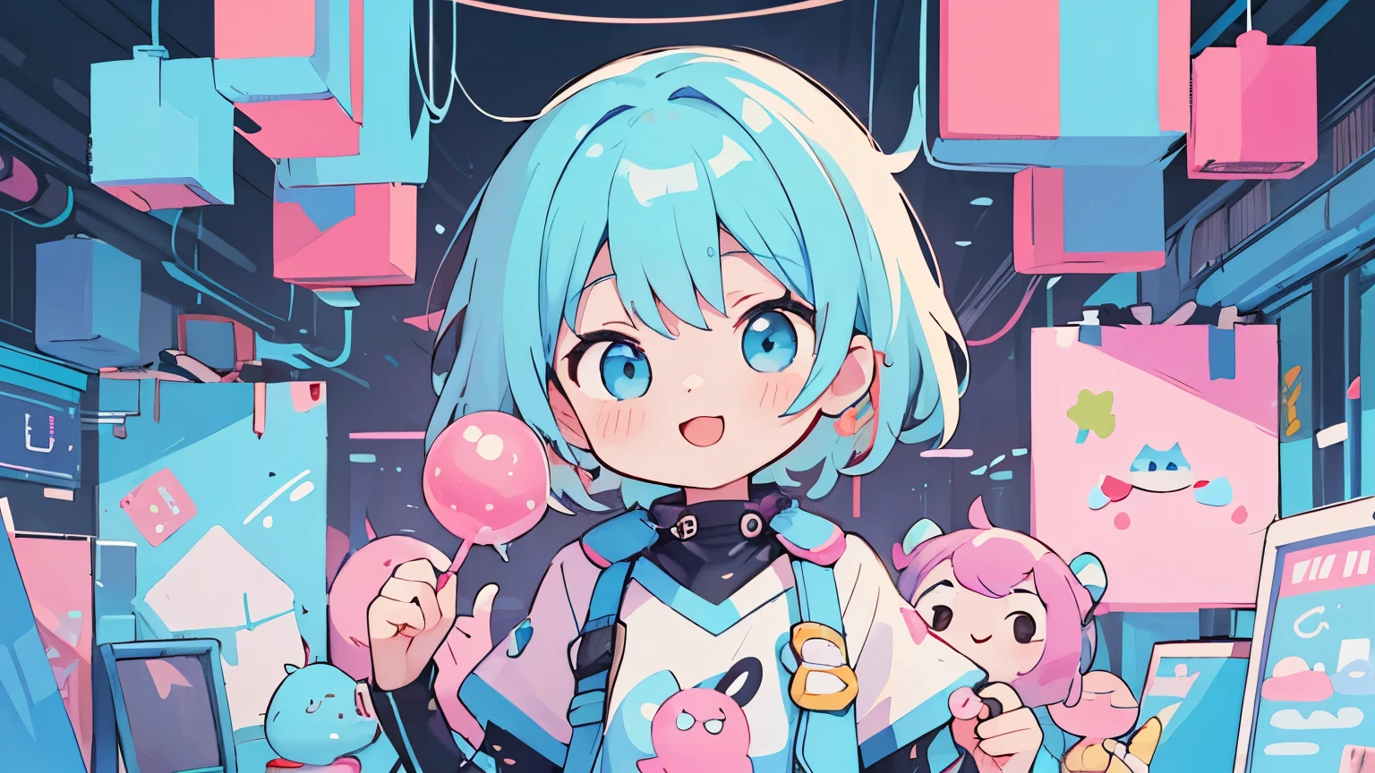 Vibrant Art,pop、bright、colorful, 1 female, Light blue hair,　Short Hair、happy,cute, Animation Style, cute, clearly, colorful cyberpunk, bubblegum pop, cute、Pink and light blue as main colors、I&#39;Cheer loudly、　Wearing headphones、Headphones、