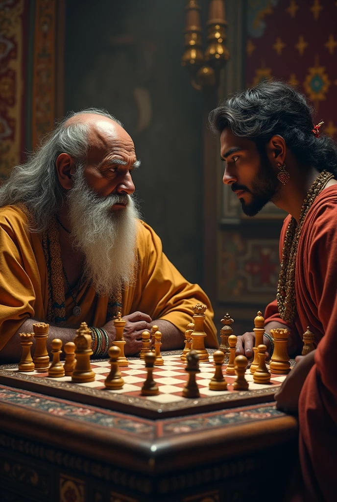 Shakuni at the Game of Dice: In a grand, opulent hall, Shakuni sits at a large, ornate table, a cold, calculating expression on his face. His twisted legs are hidden beneath the table, but his clouded eye glints with malice as he rolls the bone dice, knowing the outcome is already determined. Across from him, Yudhishthira appears distraught and defeated, his posture slumped, as he realizes the gravity of his losses—his kingdom, his brothers, his wife, and his honor. Surrounding the table, the Kauravas, including Duryodhana, lean in with greedy anticipation, completely unaware that they are mere pawns in Shakuni’s grand scheme. The dice in mid-roll, glowing with an ominous aura, symbolize the fate that has already been sealed by Shakuni’s hand. The atmosphere is tense and filled with a sense of inevitable doom, with shadows cast long across the opulent room, reflecting the darkness of the moment.
