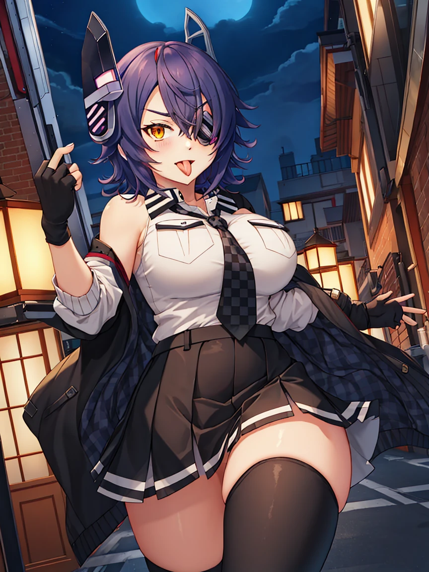 Portrait, official art, best masterpiece, best quality, best resolution, 8K, best detailed, perfect anatomy
BREAK
Looking down, (From below), middle finger, fuck you
BREAK
(tenryuu_kantaicollection:1.15), eyepatch, short hair, purple hair, yellow eyes, headgear, necktie, fingerless gloves, gloves, school uniform, checkered necktie, partially fingerless gloves, skirt, black thighhighs, military boots, (large breasts:1.2), 1girl, solo
BREAK
(evil smile), (open your mouth, tongue out:1.3)
BREAK
Downtown, back alleys, cracked walls, (night, midnight, darkness:1.3), very fine and detailed 16KCG wallpapers