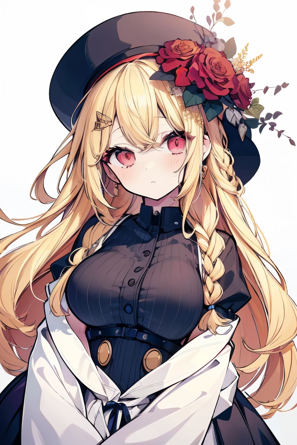 High resolution, Best Quality, masterpiece, Ultra-precision,Character Portrait,One girl, solo,adult,Look at, Beautiful Face,((Golden Hair)),Two braids hanging down on either side,Voluminous Hair, ((Red eyes)),Fine slanted eyes,Long eyelashes,A little blush, Black and white clothes,Slender figure,((Simple Background)),Concept Art, Large Breasts,