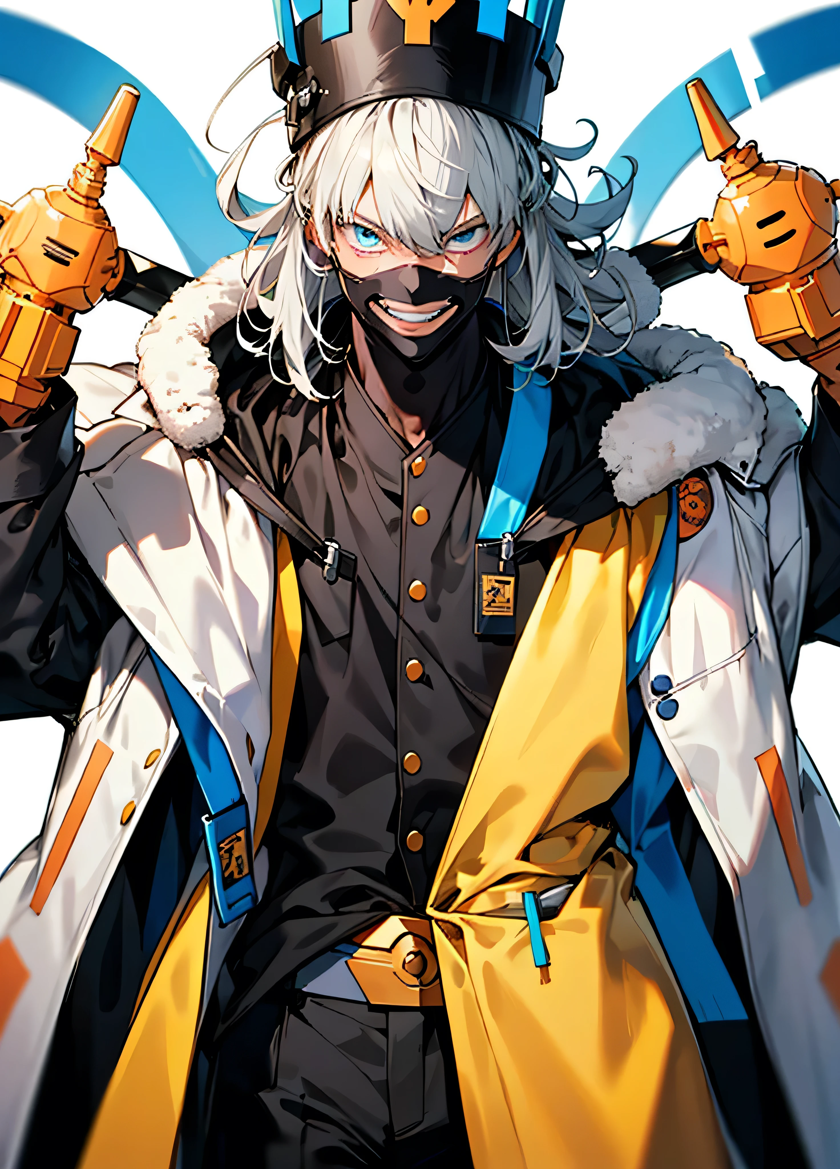 High quality, Masterpiece, aged 40，Anime male scientist，jpn,Long gray hair emanating from the shawl, Skinny figure, skiny, Wearing the white robe of a scientist，Black suit pants, Maniacal laughing expression, Stand in a science lab, Close-up of the bust. face hidden, hoodied