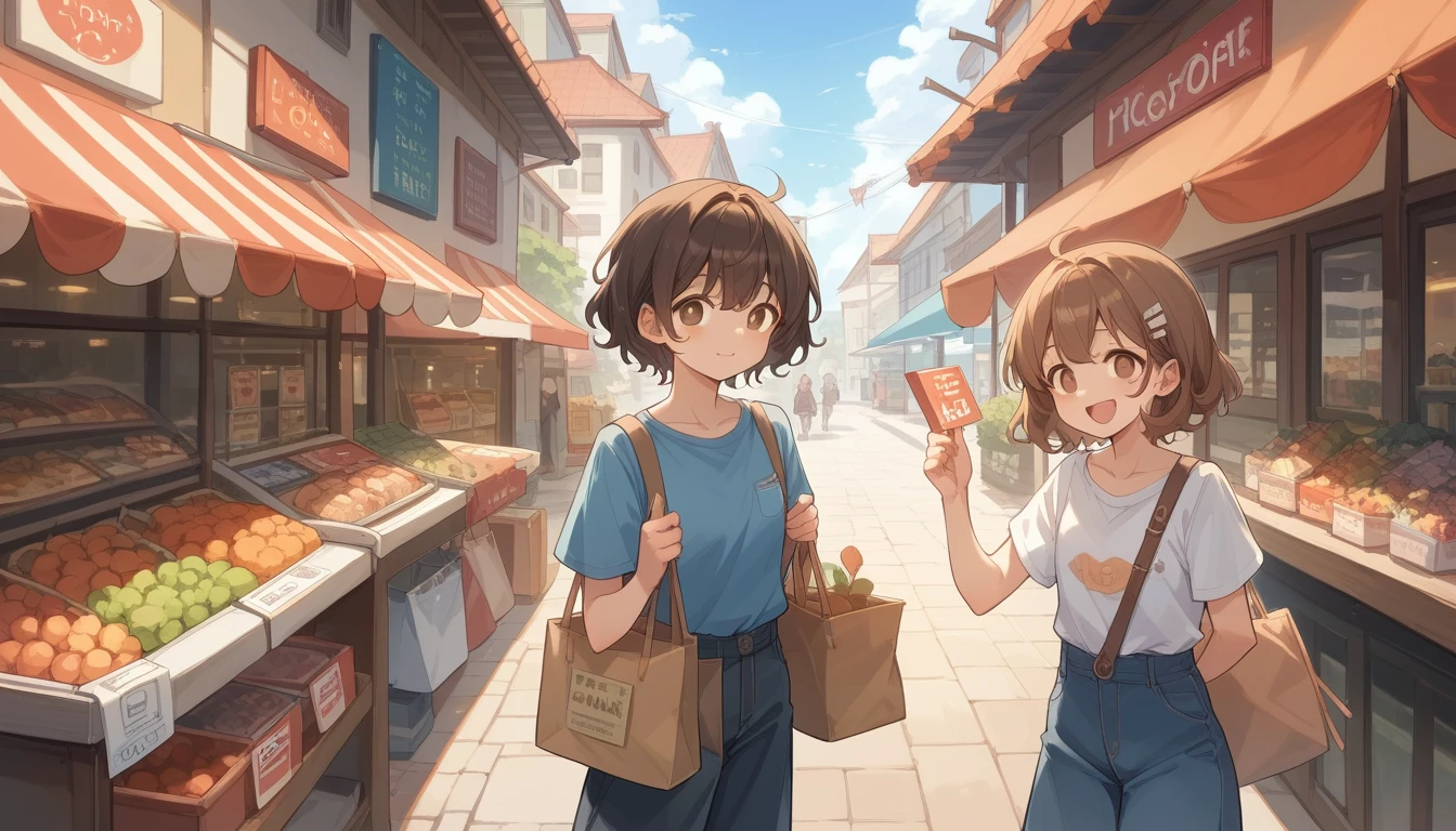 (Brown Hair、Shoulder-length hair、Fluffy Hair、Brown eyes、Droopy eyes、Thin outline):1.2、is shopping with her daughter, laughing.、(place:Stonework、Around town、market)、(Best Quality、masterpiece、detailed、Score_9， Score_8_superior， Score_7_superior)