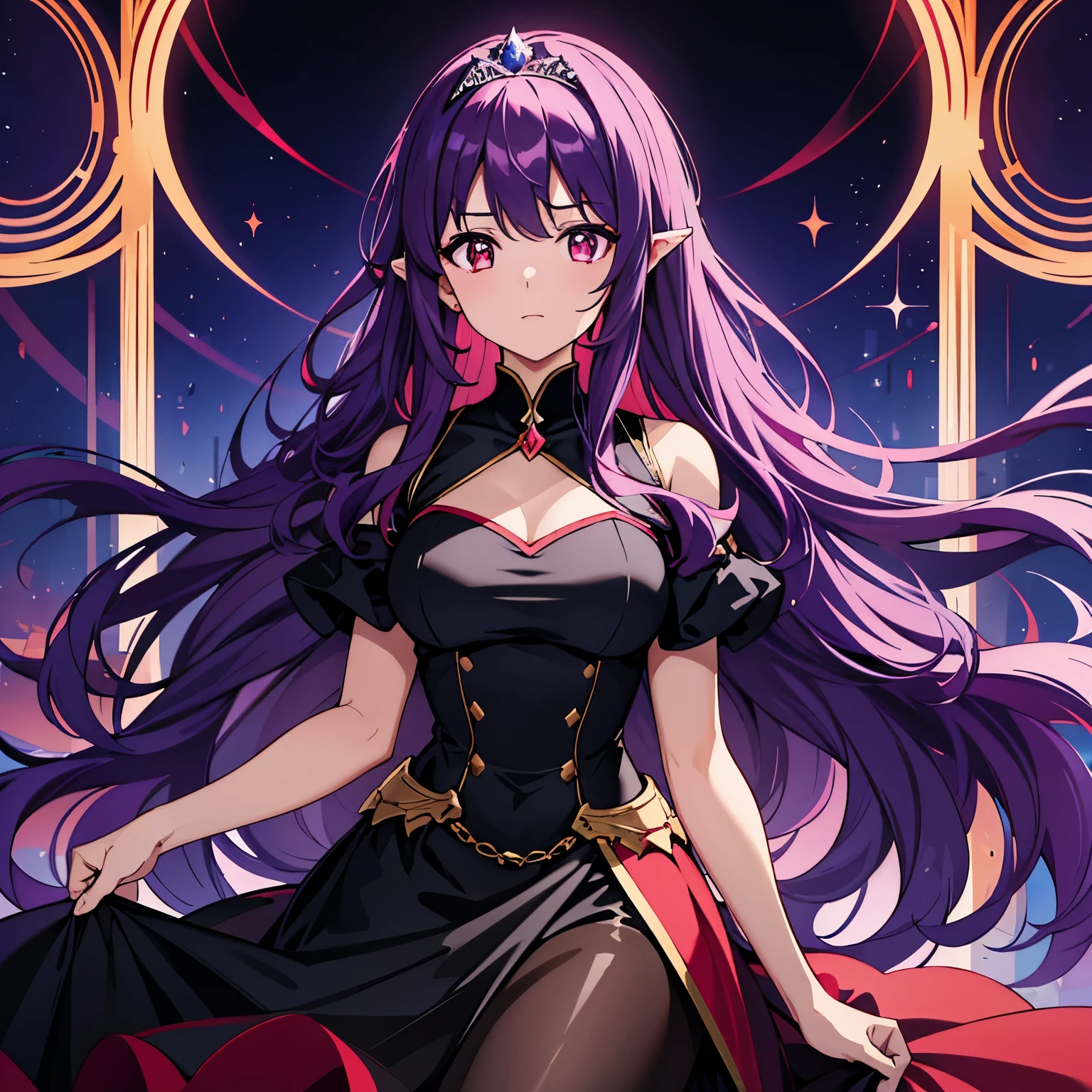 High resolution, 4k ultra sharp, 1 woman, purple hair, wavy hair, bright red eyes, blackened ears, tiara, princess dress, circlet