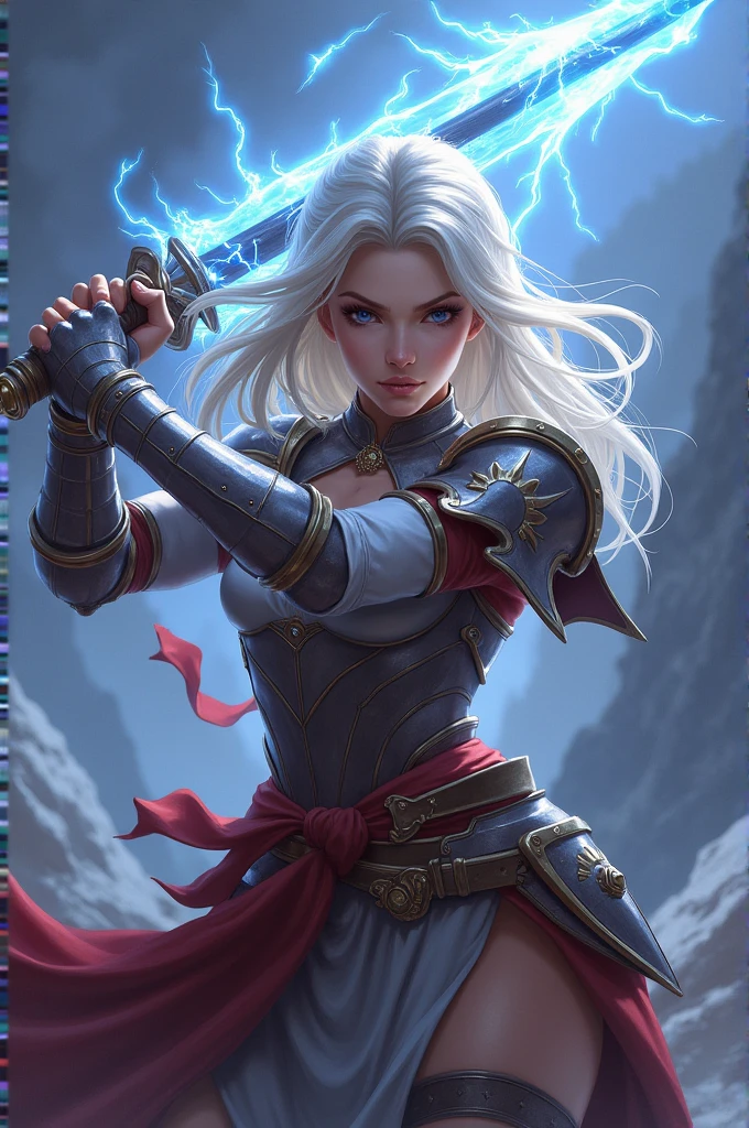 Tanned warrior woman in charismatic white hair long armor with a sword in League of legend style