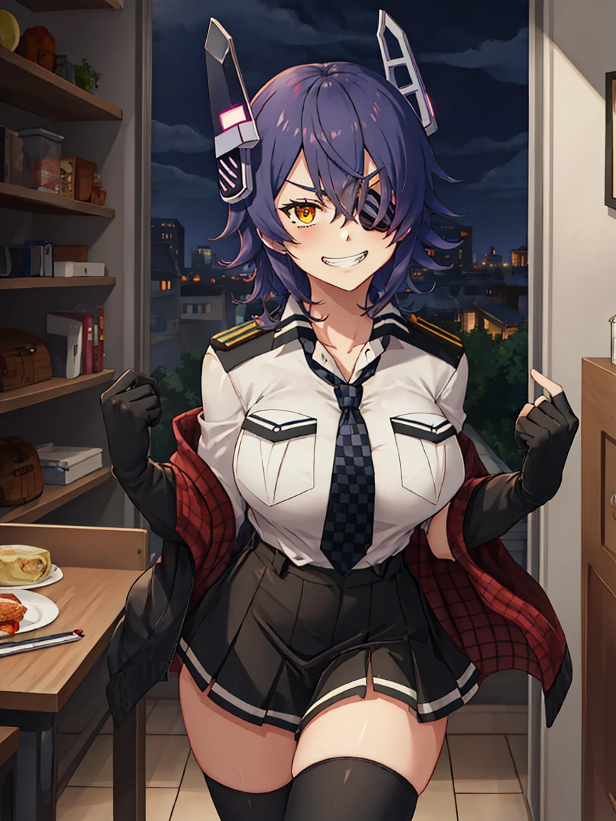 Portrait, official art, best masterpiece, best quality, best resolution, 8K, best detailed, perfect anatomy
BREAK
Holding a sword, carry a sword on one's shoulder, middle finger, fuck you
BREAK
Looking down, (From below)
BREAK
(tenryuu_kantaicollection:1.15), eyepatch, short hair, purple hair, yellow eyes, headgear, necktie, fingerless gloves, gloves, school uniform, checkered necktie, partially fingerless gloves, skirt, black thighhighs, military boots, (large breasts:1.2), 1girl, solo
BREAK
grin, smile
BREAK
Downtown, back alleys, cracked walls, (night, midnight, darkness:1.3), very fine and detailed 16KCG wallpapers