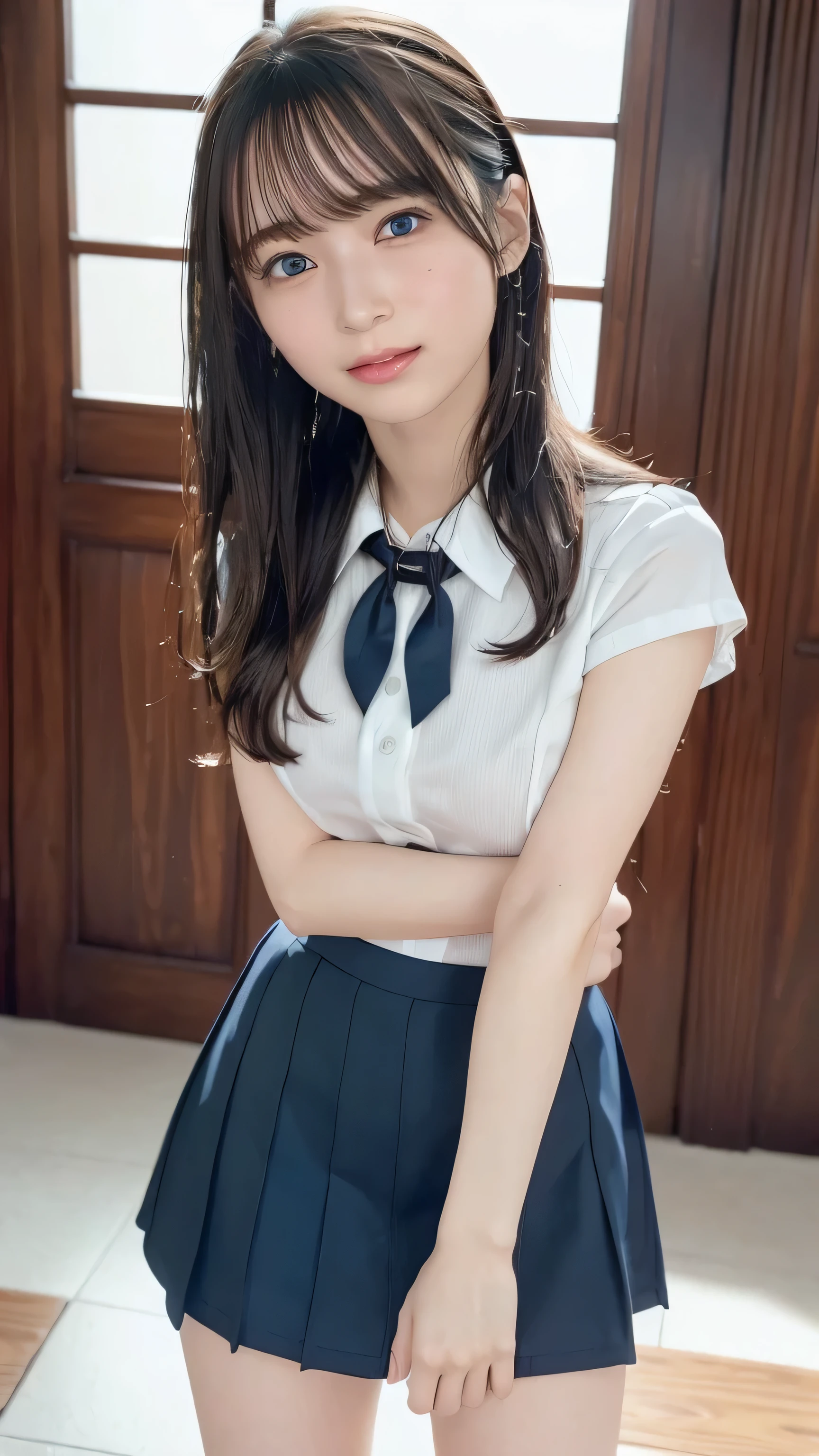 (((32ｋ,High detail,High definition、masterpiece,Attention to detail,Esbian all over body,solo))),RAW Photos & Realistic atmosphere,Beautiful deep blue eyes,Mouth details,Glossy Lips,Fine eyebrows,With soft white skin that shines in every detail、Detailed eyes、,（Wearing a classy schoolgirl uniform in black and red、黒のパンストとSexy脚を身につけて、She is standing upright, shyly lifting her skirt.：1.7）, Blue Eyes,Very beautiful eyes,Detailed lips、Very beautiful face,Very well-formed face、A vivid face,Beautiful, shining lips, Realistic Young Gravure Idol, Very beautiful school girl, , 若くてSexyグラビアアイドル, Young Gravure Idol, Beautiful and cute adult１ ,My whole body is wet,Dripping,Blushing,Very beautiful, Sexy and classy１の女の子,(Looking into the camera：1.4）,（Sexy,Healthy and toned body,Medium sized, shapely breasts,,Mature Body, I feel anxious and like crying,Watery eyes,Cold Smile,Glare,Glare顔も美しい,High Resolution Arm,,High Resolution Finger,：1.5）