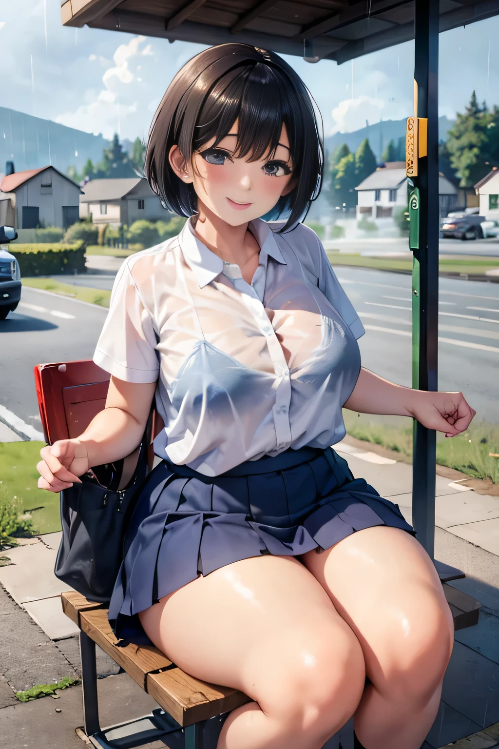 hi-school girl、short cut hair、shortsleeves、plump body、Clothes are see-through in the rain、Physical education sitting、a smile、Very cute、Bob Hair、Bus stop in the countryside、fsb, frosuke, shiny day, clear sky, skirtlift, futanari, futa,