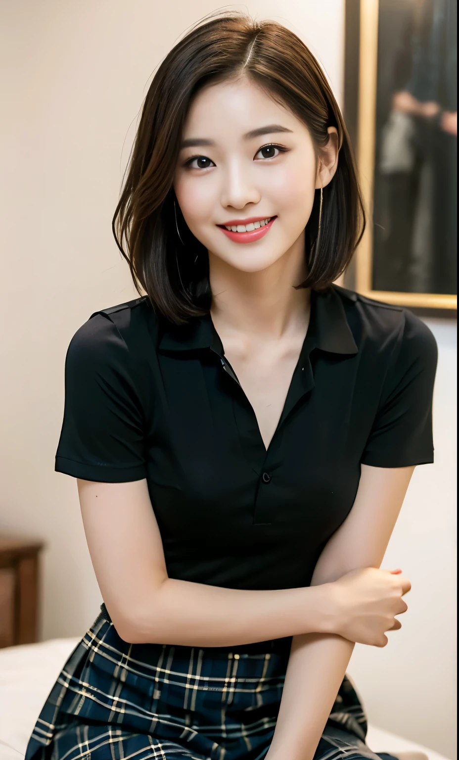 (A stunning Korean lady, dark bedroom, white short-sleeve short, mini-skirt, plaid tie, plaid skirt, youthful charms, smooth complexion, beautiful detailed face, beautiful detailed eyes and lips, long eyelashes, slender figure, perfect body proportion, seductive expression, cute dimples, kind smile, short hair, side ponytail,
Blurred background, Bokeh effect. (best quality,4k,8k,highres,masterpiece:1.2),ultra-detailed,(realistic,photorealistic,photo-realistic:1.37),HDR,UHD,studio lighting,ultra-fine painting,sharp focus,physically-based rendering,extreme detail description,professional,vivid colors,bokeh, SFW, Safe for Work, cowboy shot, head to knee,)
