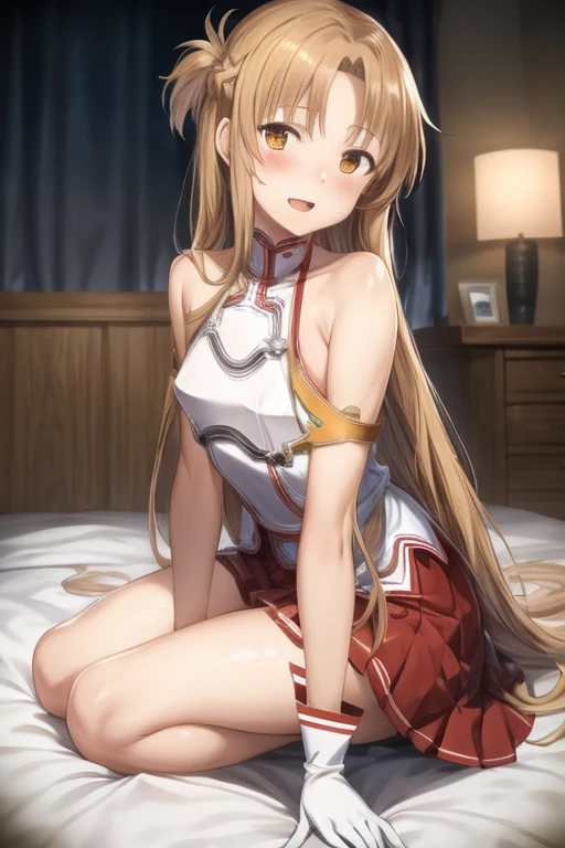 ((Best Quality)), ((masterpiece)), (be familiar with), Perfect Face, indoor, bedroom, Watching the audience,
One woman, Yuuki Asuna,
Open Mouth, Ecstatic expression, blush, smile,
Small breasts, Flat Chest, , , child, Girl,
Long Hair, Long Hair,
Leg spread,