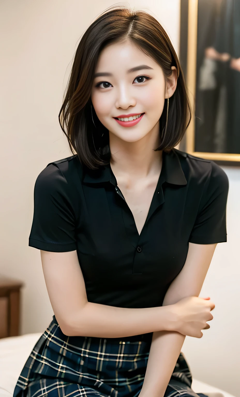 (A stunning Korean lady, dark bedroom, white short-sleeve short, mini-skirt, plaid tie, plaid skirt, youthful charms, smooth complexion, beautiful detailed face, beautiful detailed eyes and lips, long eyelashes, slender figure, perfect body proportion, seductive expression, cute dimples, kind smile, short hair, side ponytail,
Blurred background, Bokeh effect. (best quality,4k,8k,highres,masterpiece:1.2),ultra-detailed,(realistic,photorealistic,photo-realistic:1.37),HDR,UHD,studio lighting,ultra-fine painting,sharp focus,physically-based rendering,extreme detail description,professional,vivid colors,bokeh, SFW, Safe for Work, cowboy shot, head to knee,)