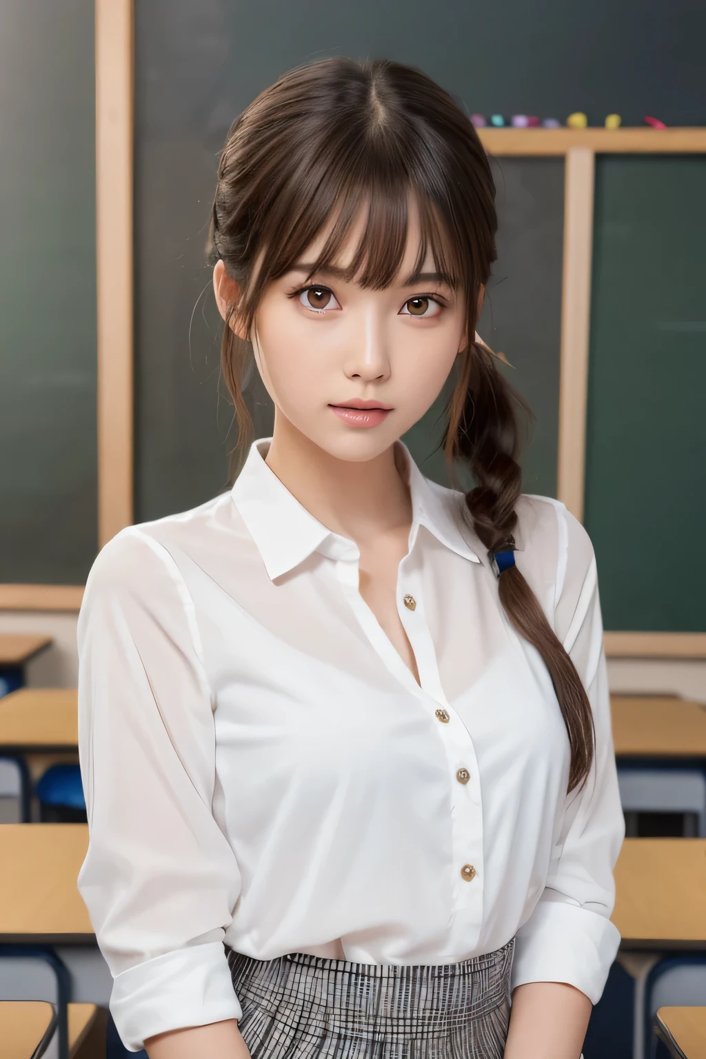 Tabletop, highest quality, One Girl, (beautiful girl:1.3), (18-year-old:1.3), Very fine grain definition, (Symmetrical eyes:1.3), (School teacher, blackboard:1.2), (Business shirts, White shirt:1.3), Small breasts, Brown eyes, Parted bangs, Brown Hair