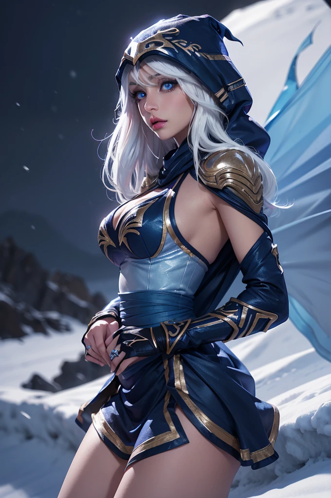 ashe \(league of legends\), (1girl), (solo), (Full body photo), (low angle shot), (masterpiece:1.0), (best quality:1.4), (ultra highres:1.2), (photorealistic:1.4), 8k resolution, absurdres, ultra detailed, sharp focus, (low light: 1.4), photorealistic, Beautiful face with symmetry, Gradient Eyes, Intense crystal light blue eyes, Intense highlighting of the eyes, Slightly bigger eyes, Double eyelids, lipgloss, Full lips, (Perfect Slim Body), big ass, thick thighs, big breasts, (White hair), Blue dress with hood and cape, ((Holding a blue bow)), place with lots of snow and snowy mountains