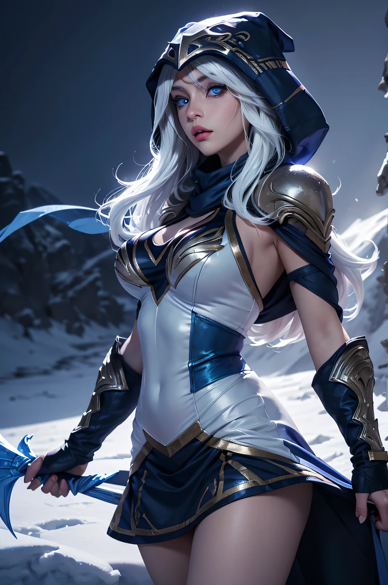 ashe \(league of legends\), (1girl), (solo), (Full body photo), (low angle shot), (masterpiece:1.0), (best quality:1.4), (ultra highres:1.2), (photorealistic:1.4), 8k resolution, absurdres, ultra detailed, sharp focus, (low light: 1.4), photorealistic, Beautiful face with symmetry, Gradient Eyes, Intense crystal light blue eyes, Intense highlighting of the eyes, Slightly bigger eyes, Double eyelids, lipgloss, Full lips, (Perfect Slim Body), big ass, thick thighs, big breasts, (White hair), Blue dress with hood and cape, ((Holding a blue bow)), place with lots of snow and snowy mountains