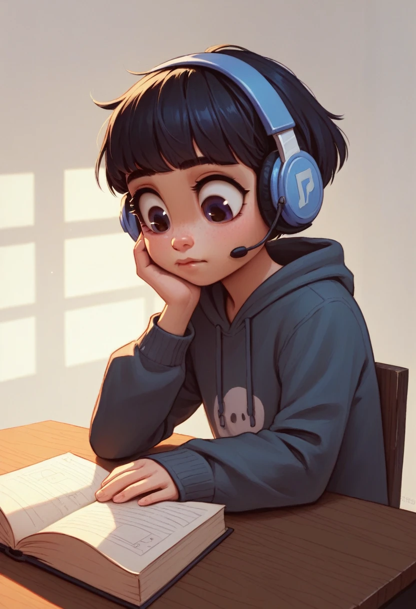 the highest quality, 8k, close up, lofi girl, lofi art, lofi feeling, A girl studying on the desk, wearing wireless headphones, very big eyes, a black short hair, cute, taking a note, her eyes on the book, bedroom background, wearing a hoodie, 1 girl, Only, look down at a book