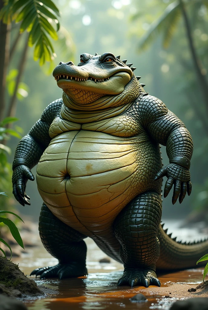 giant tyrannosaurus、dinosaur body shape、Realistic dinosaurs、mountain of fat、The body is buried due to fat、The stomach is triangular、、Extreme obesity、very thick fat、my stomach is on the ground、Stomach like a giant balance ball、fine eyes、loose belly、very very small face、head smaller than neck、old face、Thick and short thighs、very short legs、animal-like feet、fatty cheeks、thick and short arms、huge torso、thick neck、fat neck、sharp nails、feet covered in fat、black pointed scales、scales that cover the whole body、please open your mouth wide、lots of drool、thick and long tail、sharp white fangs、thick twisted corners、huge penis、Thick and long male genitalia、huge oval scrotum、abdomen covering male genitals、forest background、have a bowel movement、Poop、